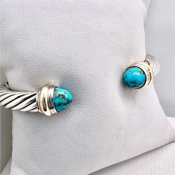 David Yurman Sterling Silver & 14K Gold Turquoise Cable Bracelet - Picture 7 of 14